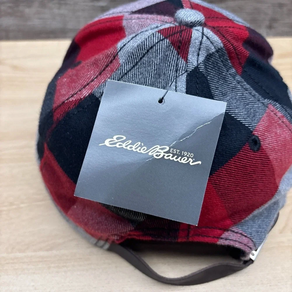 Eddie Bauer Hat Cap Strap Back Red Black Buffalo Check Plaid Flannel Outdoor NWT